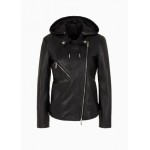 Leather hooded biker jacket