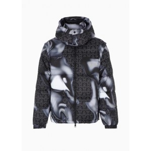 Armani Sustainability Values recycled nylon zip up all over logo design hooded puffer jacket
