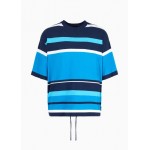 Striped short-sleeved shirt with drawstring