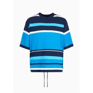 Striped short-sleeved shirt with drawstring