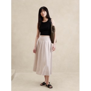 Linen-Blend Pleated Midi Skirt
