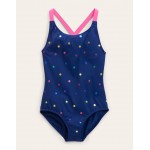 Cross-back Printed Swimsuit - Navy, Rainbow Foil Confetti