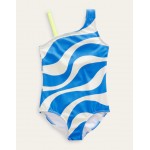 One Shoulder Swimsuit - Ivory and Cabana Blue Wave