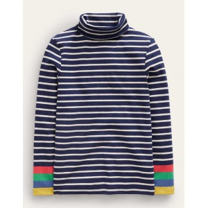 Roll Neck Supersoft T-shirt - Navy/Ivory Multi Cuff