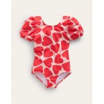 Printed Puff-sleeved Swimsuit - Ballet Pink Hearts