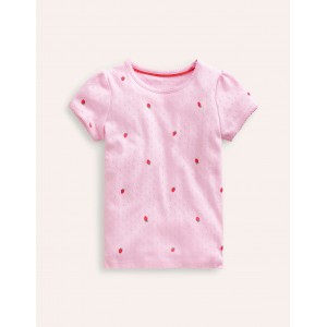 Short-sleeved Pointelle Top - Sweet Pea Pink Strawberries