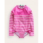 Long Sleeve Frilly Swimsuit - Pink, Ivory Stripe
