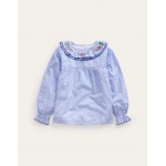 Embroidered Collar Top - Surf Blue / Ivory Stripe
