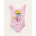 Logo Flutter Sleeve Swimsuit - Pink Ticking Jellyfish