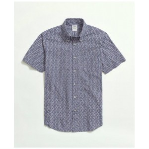 Cotton Poplin Button-Down Collar, Floral Print Short-Sleeve Sport Shirt