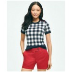 Gingham Ladybug Button-Shoulder Short-Sleeve Sweater