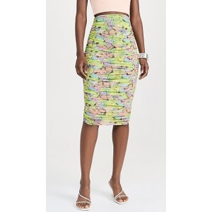 Printed Mesh Ruched Pencil Skirt
