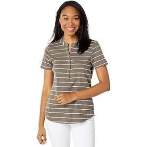 Short Sleeve Stripe Tee with Button Details Caper/White