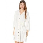 Short Dress with Front Buttons and Tie Waist Cream