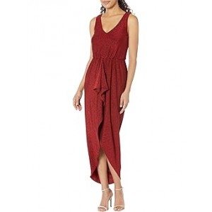 V-Neck Glitter Knit Gown with Ruched Front Red/Red