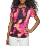 Printed Short Sleeve Ruched Side Peach Multi