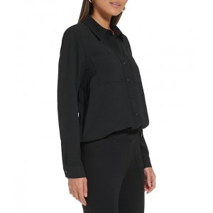 Long Sleeve Button Front with Collar Black