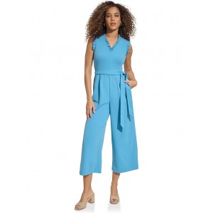V-Neck Jumpsuit with Ruffle Trim Steel Blue