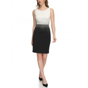Scuba Two-Tone Short Sheath with Bedazzled Mid Section Ivory/Black