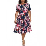 plus womens floral short sleeves fit & flare dress
