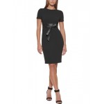 womens faux-leather trim short sleeves shift dress