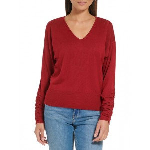 womens ruched 3/4 sleeve v-neck sweater