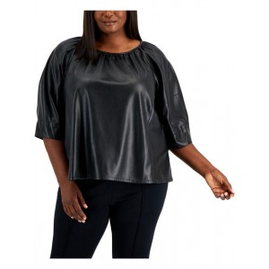 plus womens faux leather elbow sleeve blouse