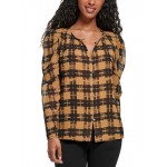 womens printed puff sleeves button-down top