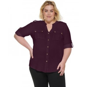 Plus Size Textured Roll Tab Button Down Shirt