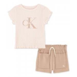 Baby Girls Ribbed Logo T-Shirt & Crepe French Terry Shorts 2 Piece Set