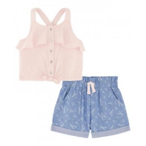 Little Girls Muslin Tie-Front Halter Top and Chambray Cargo Shorts 2 Piece Set