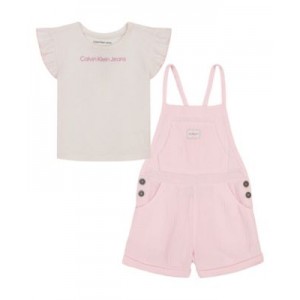 Little Girls Flutter Sleeve Pattern T-shirt and Muslin Shortalls 2 Piece Set