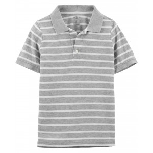 Heather/Ivory Kid Gray Striped Pique Polo Shirt