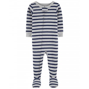 Gray Baby 1-Piece Striped Snug Fit Cotton Footie Pajamas