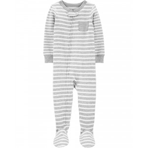 Grey Toddler 1-Piece Striped 100% Snug Fit Cotton Footie Pajamas