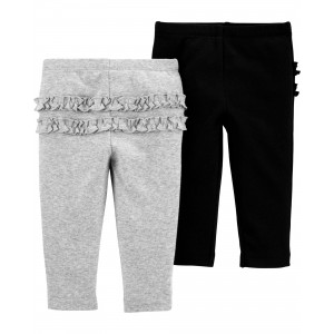 Grey/Black Baby 2-Pack Ruffle-Detail Cotton Pants