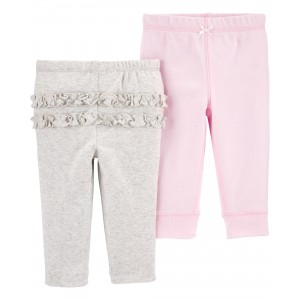Grey/Pink Baby 2-Pack Ruffle-Detail Cotton Pants
