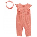 Pink Baby 2-Piece Crinkle Jersey Jumpsuit & Headwrap Set