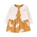 Brown/White Baby 2-Piece Feather Bodysuit Dress & Cardigan Set