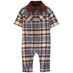 Brown/Blue Baby Plaid Cotton Jumpsuit