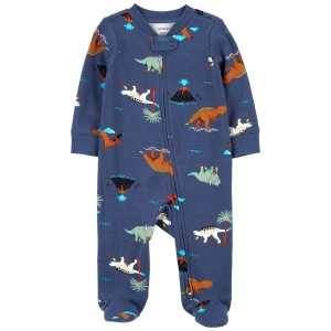 Navy Baby Dinosaurs 2-Way Zip Cotton Sleep & Play Pajamas