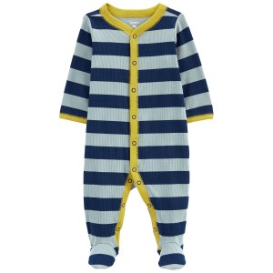Blue/Yellow Baby Striped Snap-Up Cotton Blend Sleep & Play Pajamas