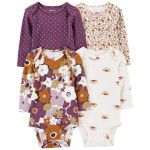 Multi Baby 4-Pack Long-Sleeve Floral & Polka Dot Bodysuits