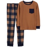 Brown/Navy Kid 2-Piece Thermal & Fleece Pajamas