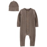 Brown Baby 2-Piece Sweater Jumpsuit & Cap Set
