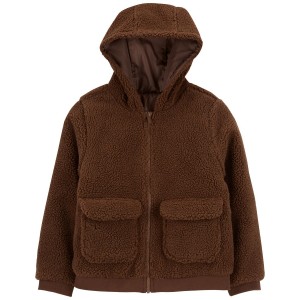 Brown Kid Reversible Hooded Sherpa Jacket