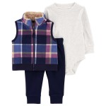 Navy/Heather Baby 3-Piece Plaid Little Vest Set