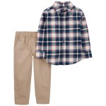 Navy/Khaki Toddler 2-Piece Plaid Button-Front Shirt & Pant Set