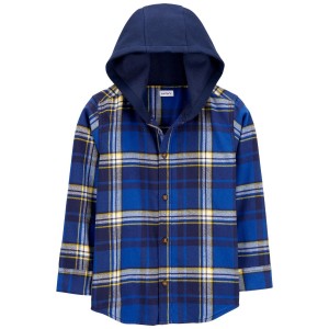 Multi Kid Plaid Button-Front Hooded Shirt