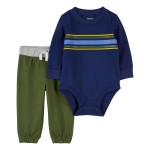 Navy/Green Baby 2-Piece Striped Bodysuit Pant Set